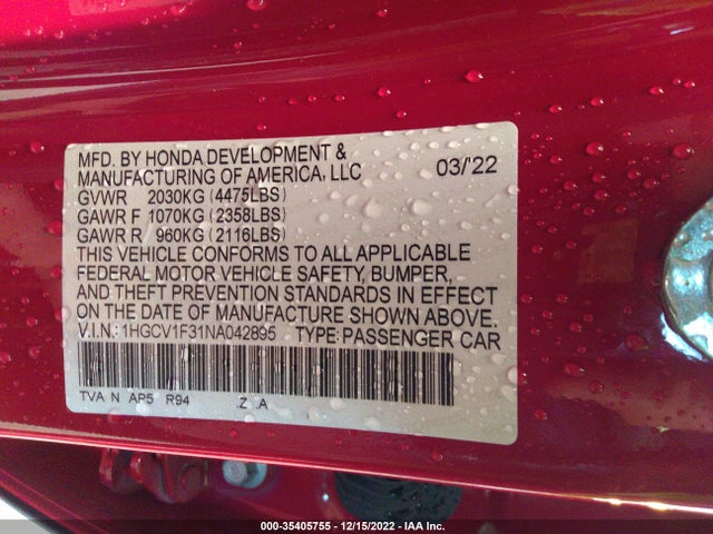 2022 Honda Accord, VIN: 1HGCV1F31NA042895