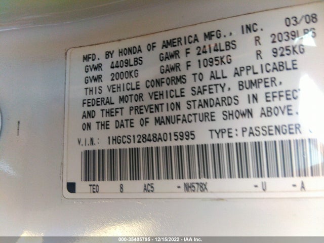 2008 HONDA ACCORD CPE EX-L VIN: 1HGCS12848A015995