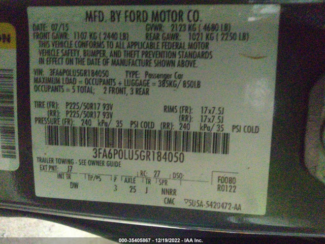 2016 FORD FUSION SE HYBRID VIN: 3FA6P0LU5GR184050