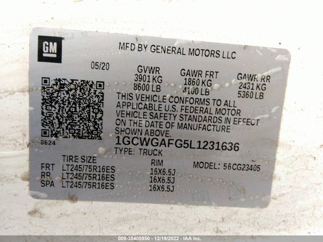 2020 Chevrolet Express, VIN: 1GCWGAFG5L1231636