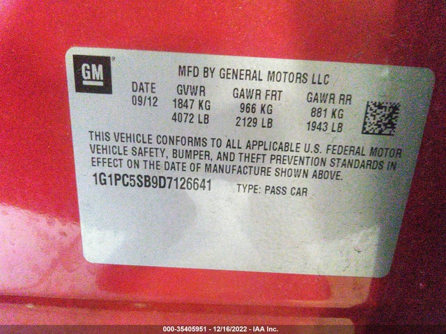 Продаж на аукціоні авто 2013 Chevrolet Cruze 1lt, vin: 1G1PC5SB9D7126641, номер лоту: 35405951