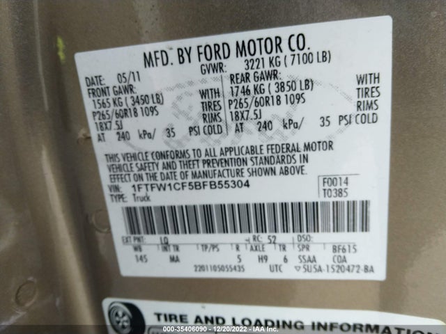 2011 FORD F-150 XL/XLT/FX2/LARIAT VIN: 1FTFW1CF5BFB55304