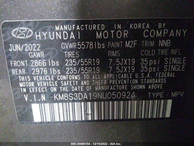 2022 HYUNDAI SANTA FE HYBRID SEL PREMIUM VIN: KM8S3DA19NU050924