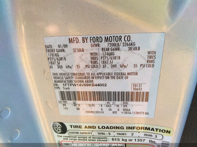2009 FORD F-150 XL/XLT/FX4/LARIAT VIN: 1FTPW14V69KB44002