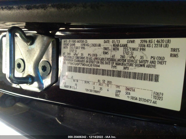 2013 FORD ESCAPE S VIN: 1FMCU0F79DUC61594