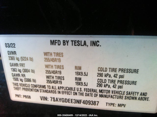 Tesla Model Y Long Range 2022 7SAYGDEE3NF409387 Image 9