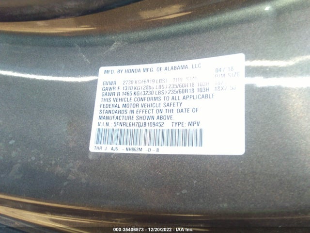 2018 Honda Odyssey, VIN: 5FNRL6H70JB109452