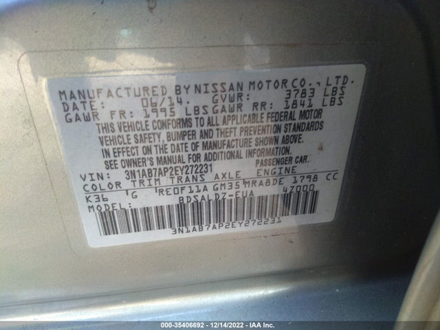 2014 NISSAN SENTRA S/FE+ S/SV/FE+ SV/SR/SL VIN: 3N1AB7AP2EY272231