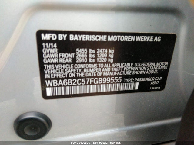 2015 BMW 6 Series, VIN: WBA6B2C57FGB99555