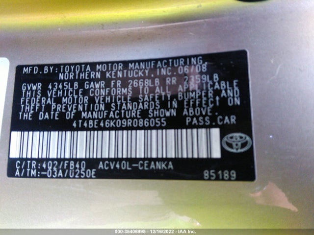 2009 TOYOTA CAMRY VIN: 4T4BE46K09R086055