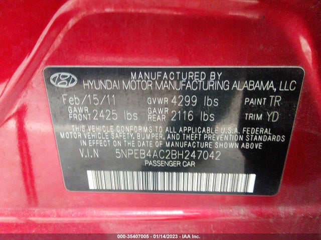 2011 HYUNDAI SONATA GLS PZEV VIN: 5NPEB4AC2BH247042