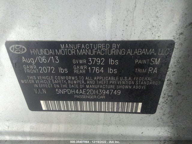 2013 HYUNDAI ELANTRA LIMITED VIN: 5NPDH4AE2DH394749