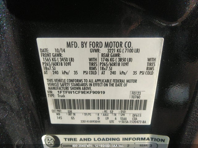 2014 FORD F-150 XL/STX/XLT/FX2/LARIAT VIN: 1FTFW1CF9EKF90919