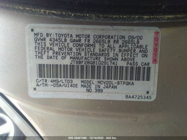Lexus ES 300 2001 JT8BF28G810291741 Image 10