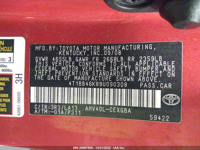 2009 TOYOTA CAMRY HYBRID VIN: 4T1BB46K89U090308