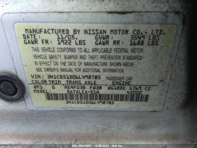 2006 NISSAN SENTRA 1.8 S VIN: 3N1CB51D06L498785