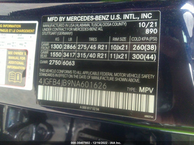 2022 Mercedes-Benz GLE-Class, VIN: 4JGFB4JB9NA601626