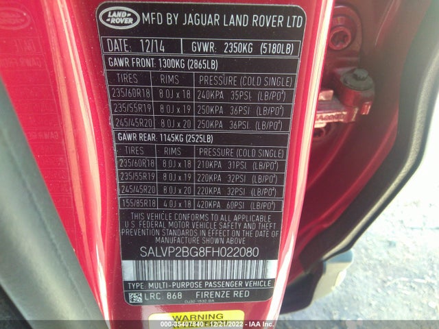 2015 Land Rover Range Rover Evoque, VIN: SALVP2BG8FH022080