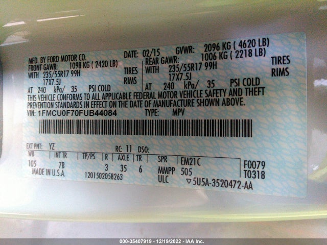 2015 FORD ESCAPE S VIN: 1FMCU0F70FUB44084