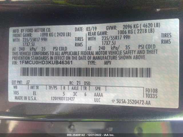 2019 Ford Escape, VIN: 1FMCU0HD3KUB46361