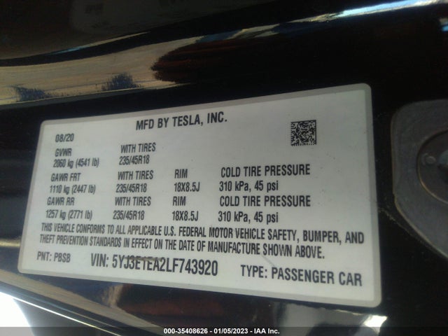 Tesla Model 3 Standard Range 2020 5YJ3E1EA2LF743920 Image 11