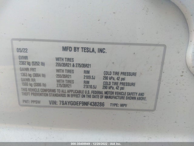 Tesla Model Y Performance 2022 7SAYGDEF9NF438286 Image 9