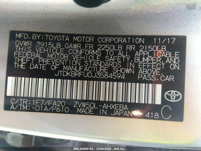 2018 Toyota Prius, VIN: JTDKBRFU0J3584594