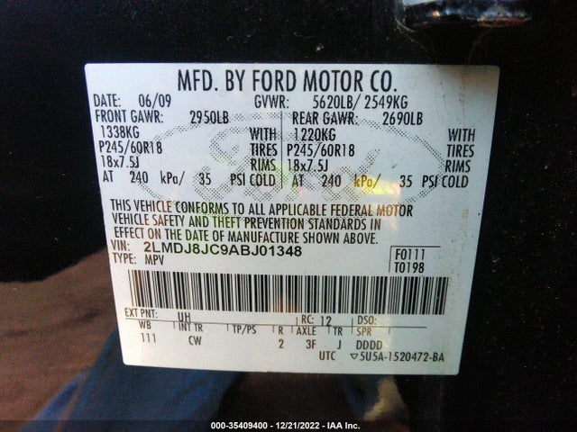 2010 LINCOLN MKX VIN: 2LMDJ8JC9ABJ01348