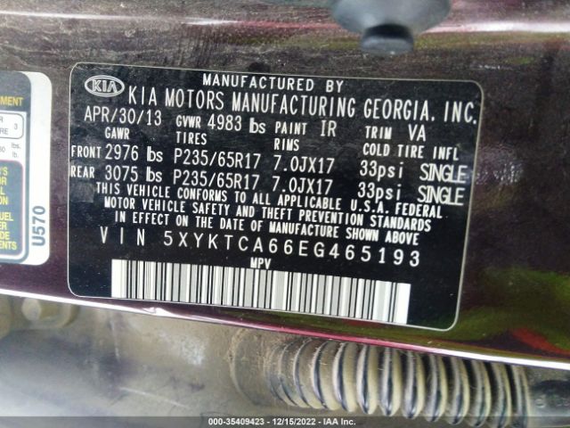 5XYKTCA66EG465193 KIA SORENTO LX