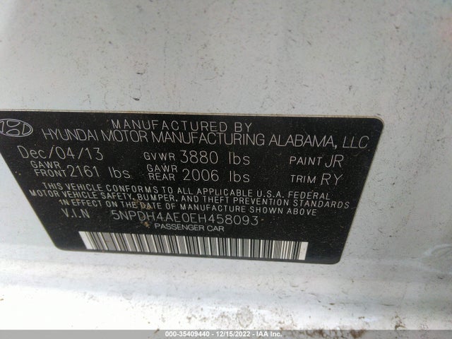 2014 HYUNDAI ELANTRA LIMITED VIN: 5NPDH4AE0EH458093