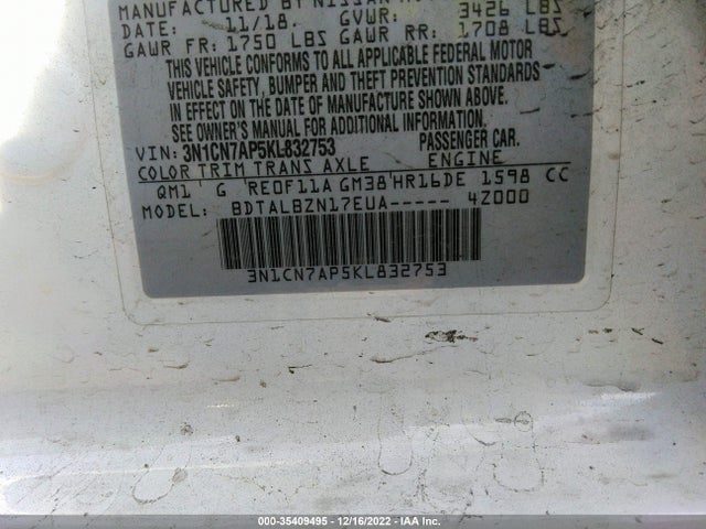 Nissan Versa Sedan Sv 2019 3N1CN7AP5KL832753 Image 10