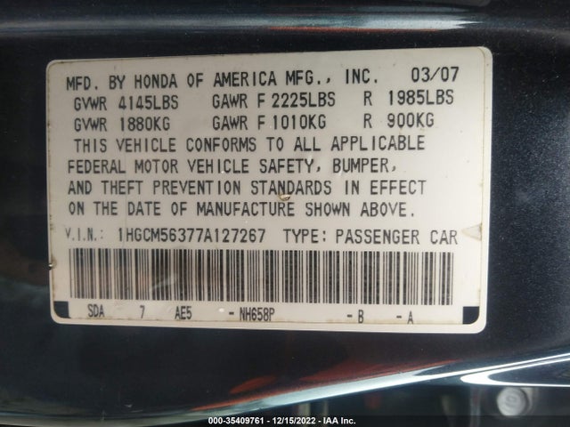 2007 HONDA ACCORD SDN LX SE VIN: 1HGCM56377A127267
