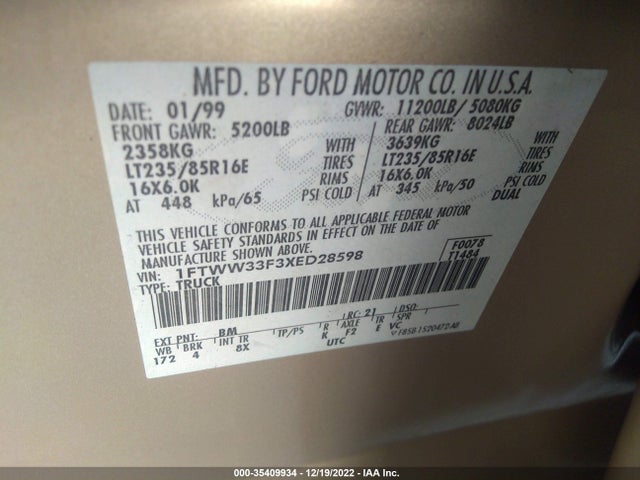 1999 FORD SUPER DUTY F-350 DRW XL/XLT/LARIAT VIN: 1FTWW33F3XED28598
