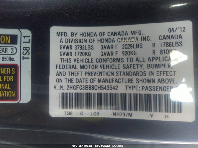 2012 HONDA CIVIC CPE EX VIN: 2HGFG3B88CH543642