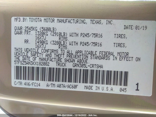 2019 TOYOTA TACOMA 4WD SR5/TRD SPORT VIN: 5TFSZ5AN3KX182082