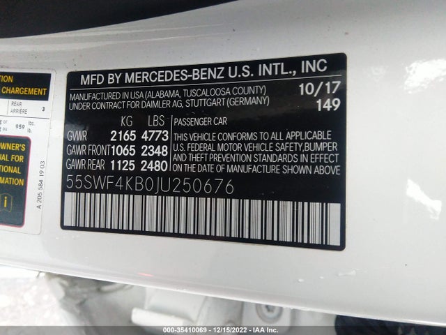 2018 Mercedes-Benz C-Class, VIN: 55SWF4KB0JU250676
