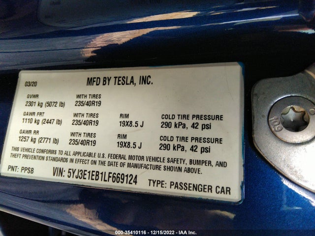 Tesla MODEL 3 2020 5YJ3E1EB1LF669124 Image 10