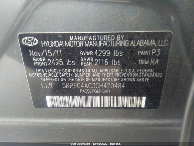 2012 HYUNDAI SONATA 2.4L SE VIN: 5NPEC4AC3CH420484