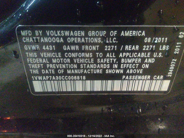 2012 VOLKSWAGEN PASSAT S VIN: 1VWAP7A30CC006818