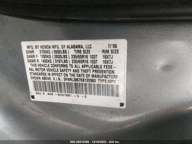 2006 HONDA ODYSSEY EX-L VIN: 5FNRL38676B120560