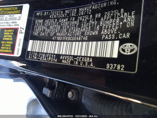 2012 TOYOTA CAMRY HYBRID XLE/LE VIN: 4T1BD1FK9CU048746