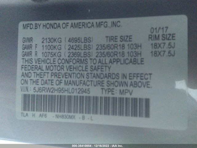 2017 HONDA CR-V TOURING VIN: 5J6RW2H95HL012945