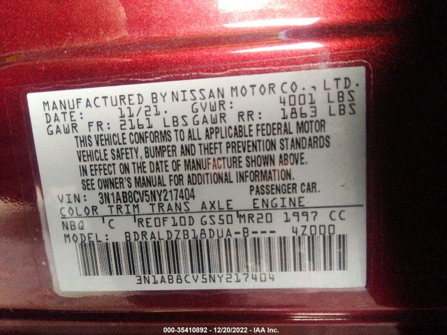 Nissan SENTRA SV 2022 3N1AB8CV5NY217404 Image 10