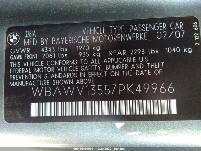 2007 BMW 3 SERIES 328I VIN: WBAWV13557PK49966