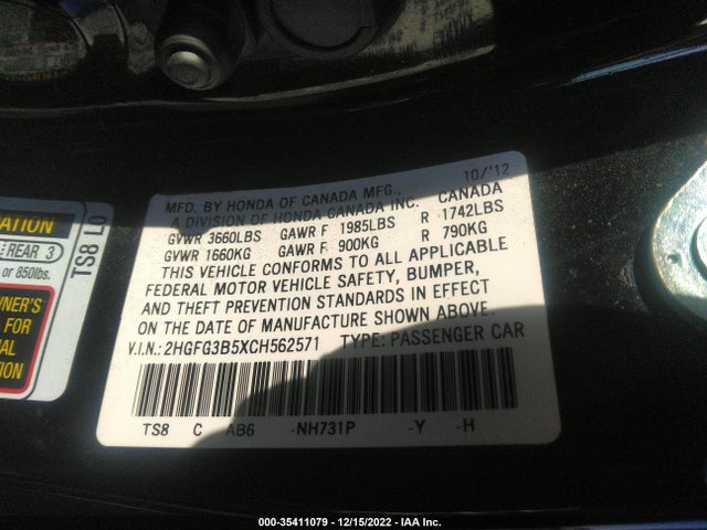 2012 HONDA CIVIC CPE LX VIN: 2HGFG3B5XCH562571