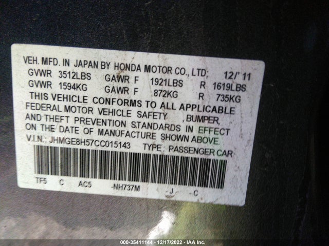 2012 HONDA FIT SPORT VIN: JHMGE8H57CC015143