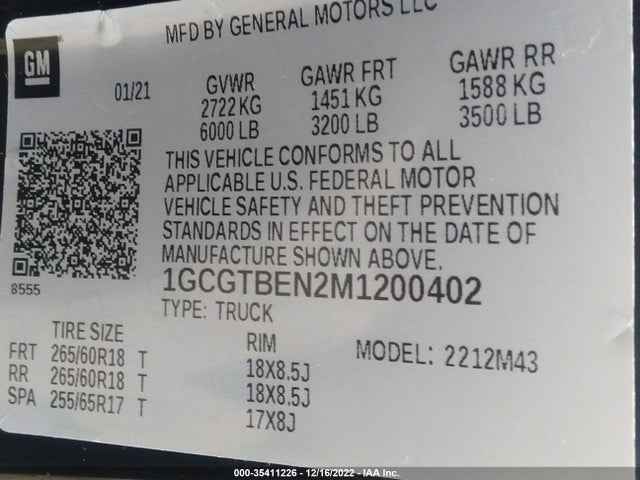 2021 Chevrolet Colorado, VIN: 1GCGTBEN2M1200402