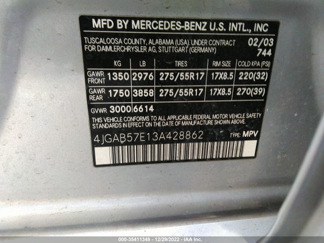2003 MERCEDES-BENZ M-CLASS 3.7L VIN: 4JGAB57E13A428862