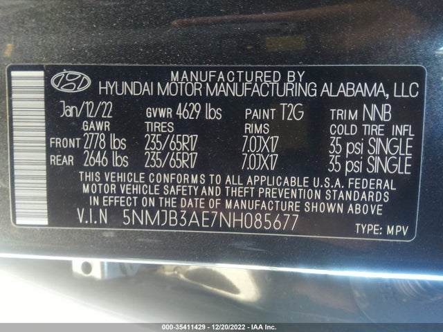 2022 HYUNDAI TUCSON SEL VIN: 5NMJB3AE7NH085677