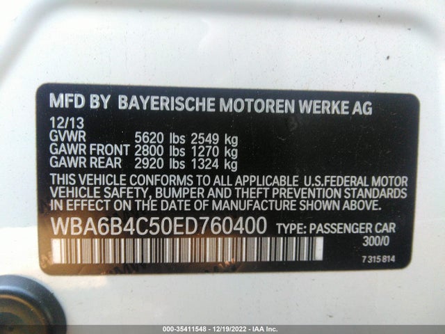 BMW 6 Series 650i Xdrive 2014 WBA6B4C50ED760400 Image 9